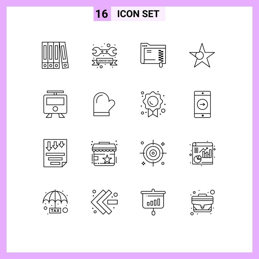 Set of 16 Modern UI Icons Symbols Signs for train railway folder maps flag Editable Vector Design Elements