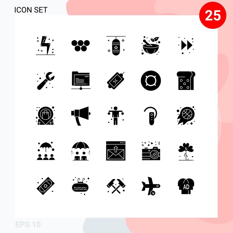 25 User Interface Solid Glyph Pack of modern Signs and Symbols of arrow pestle olympic games mortar sports accessory Editable Vector Design Elements