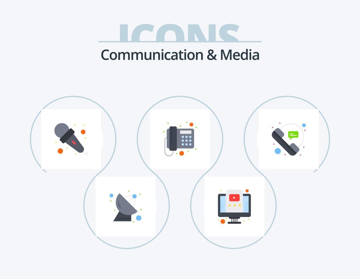 Communication And Media Flat Icon Pack 5 Icon Design. call. telephone. mic. phone. communication vector