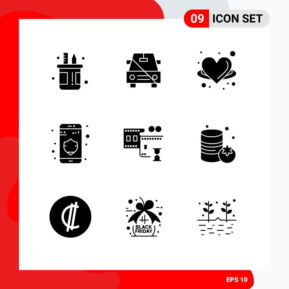 9 Solid Glyph concept for Websites Mobile and Apps security data off wing heart Editable Vector Design Elements