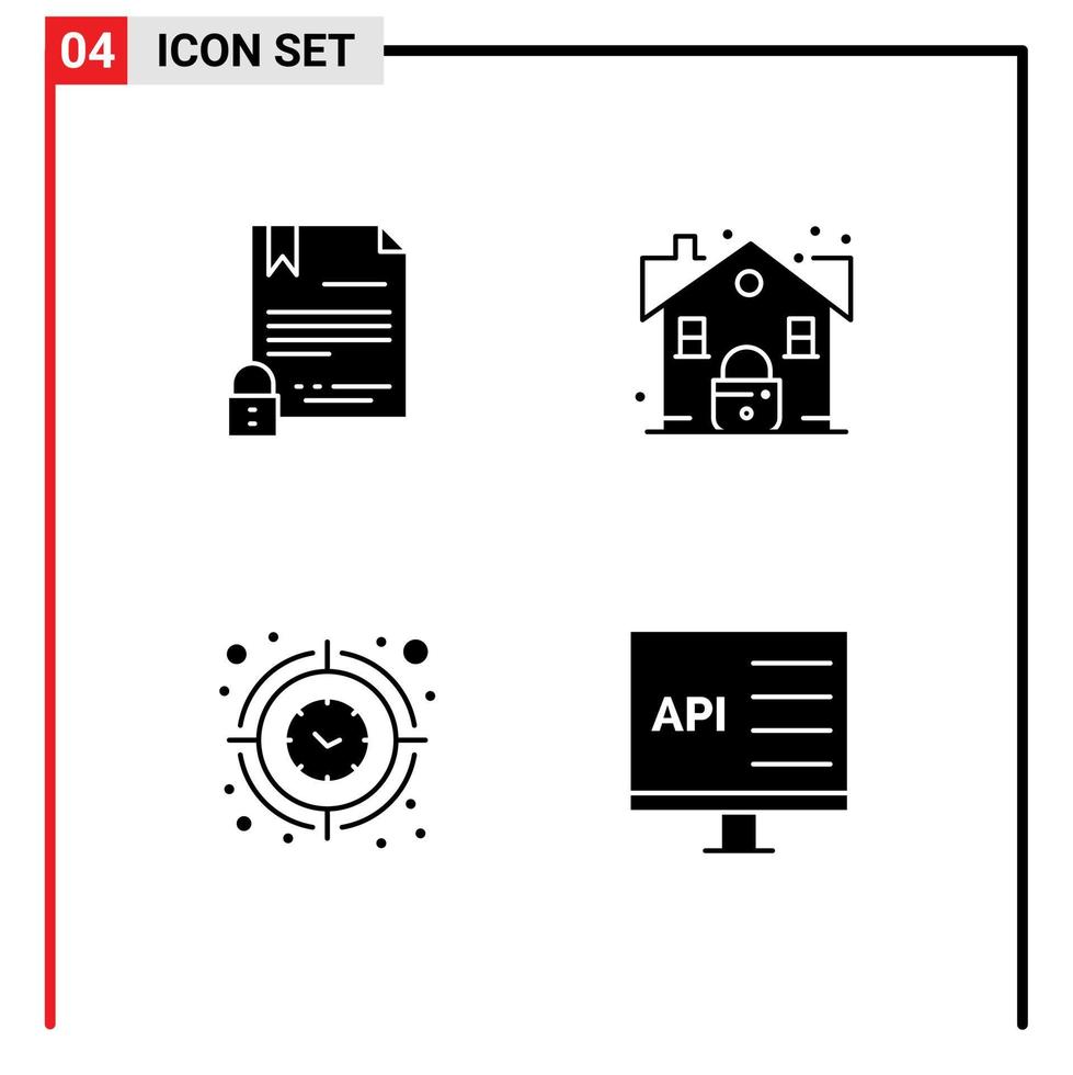 conjunto moderno de 4 glifos y símbolos sólidos, como elementos de diseño vectorial editables de objetivo de bloqueo de documento de reloj de firma electrónica vector