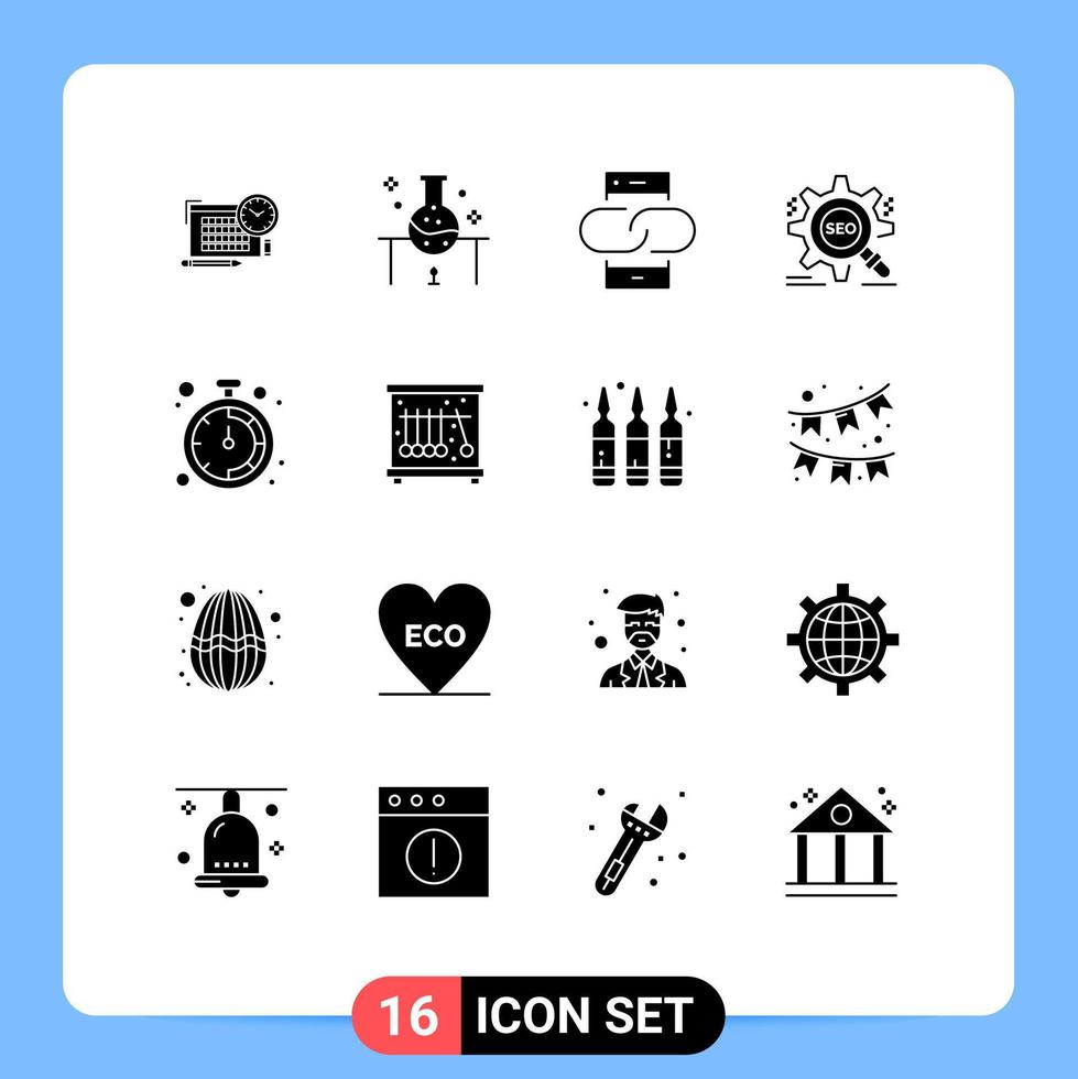 User Interface Pack of 16 Basic Solid Glyphs of website seo science lab search message Editable Vector Design Elements
