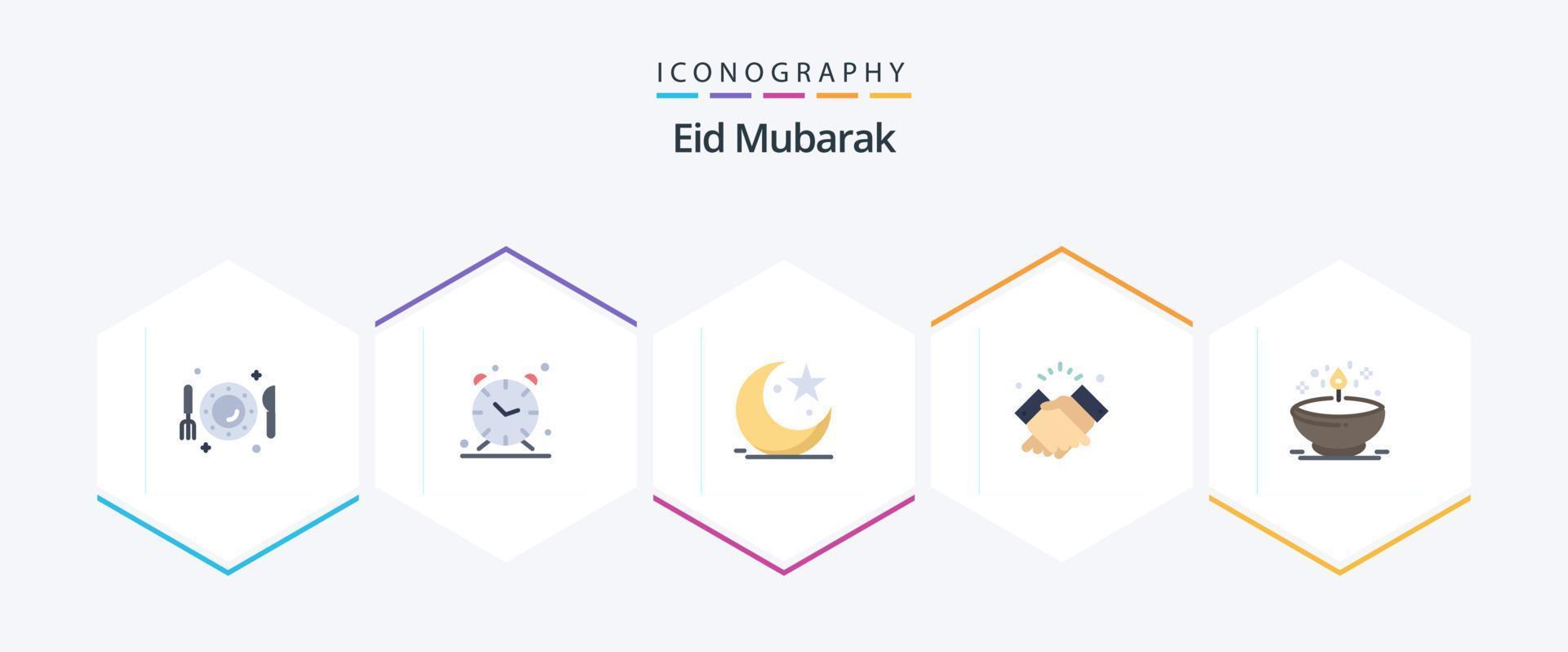 Eid Mubarak 25 Flat icon pack including muslim. shake. alert. handshake. celebration vector