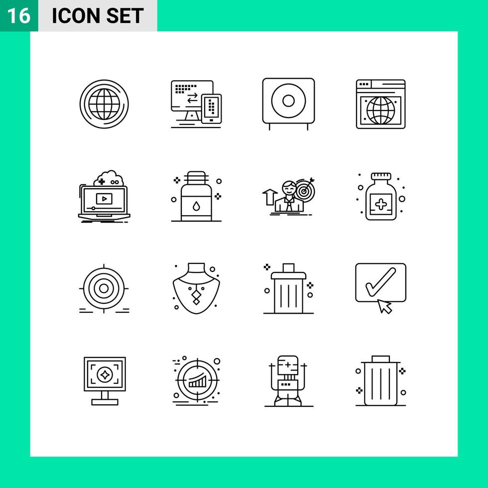 Pack of 16 Modern Outlines Signs and Symbols for Web Print Media such as game webpage bass web subwoofer Editable Vector Design Elements