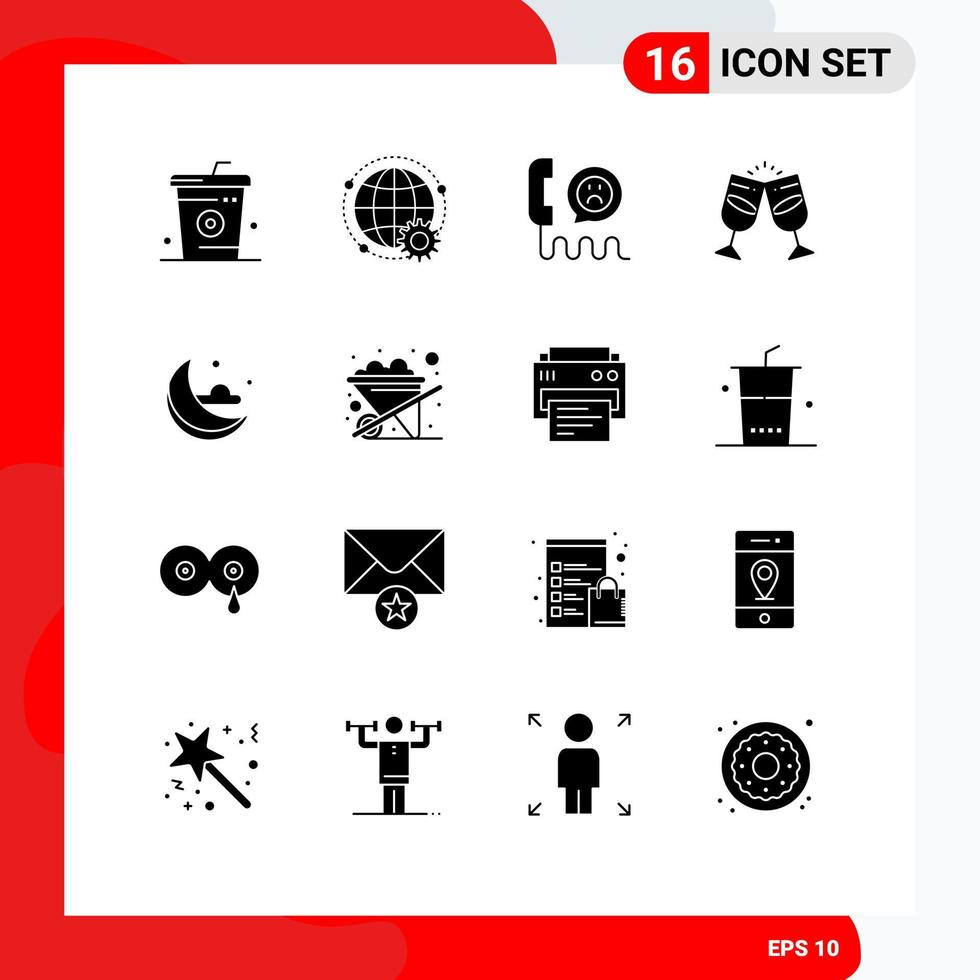 Group of 16 Modern Solid Glyphs Set for juice drink globe rating help Editable Vector Design Elements