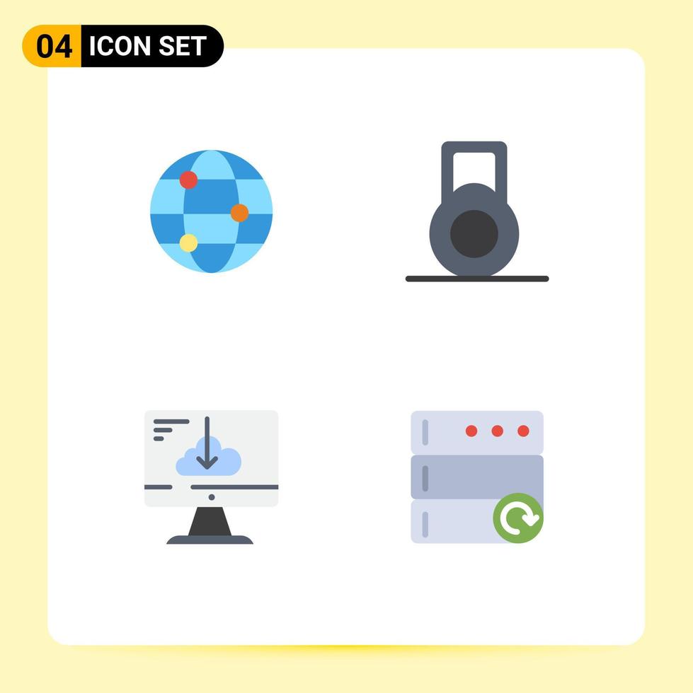 Pack of 4 Modern Flat Icons Signs and Symbols for Web Print Media such as globe database dumbbell driver server Editable Vector Design Elements