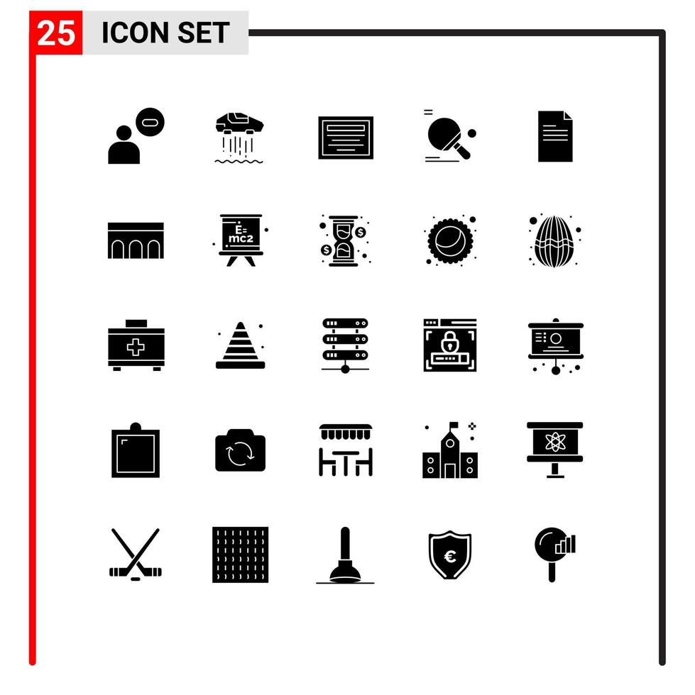 conjunto moderno de 25 pictogramas de glifos sólidos de educación de pelota de texto ping pong deporte elementos de diseño vectorial editables vector