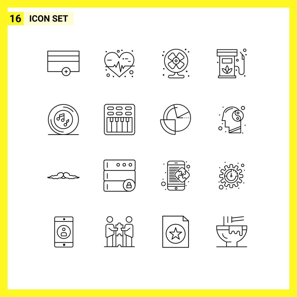 Pack of 16 Modern Outlines Signs and Symbols for Web Print Media such as musical renewable conditioner gas diesel Editable Vector Design Elements