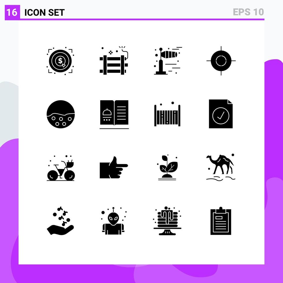 Set of 16 Commercial Solid Glyphs pack for skin care pigment party bomb interface target Editable Vector Design Elements