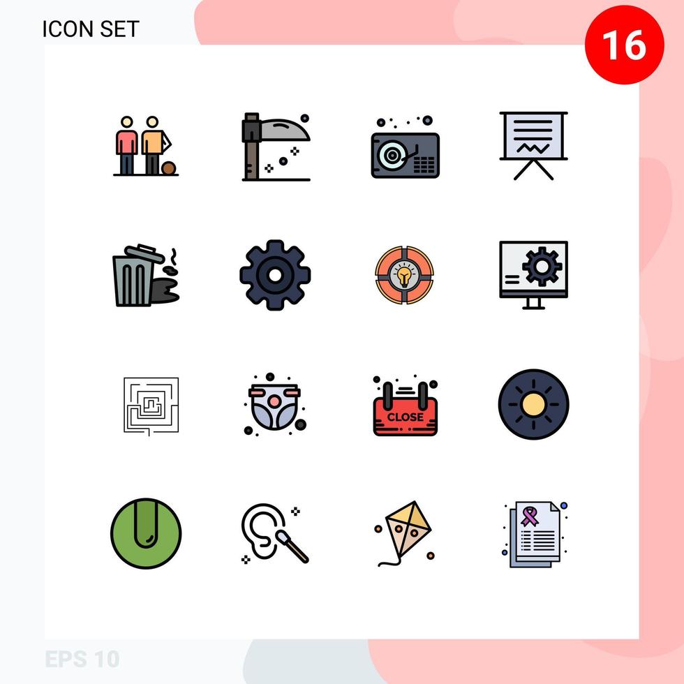 Editable Vector Line Pack of 16 Simple Flat Color Filled Lines of garbage presentation audio education board Editable Creative Vector Design Elements