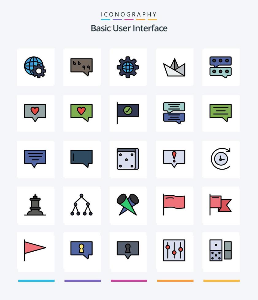 Creative Basic 25 Line FIlled icon pack  Such As message. like. world. message. bubble vector