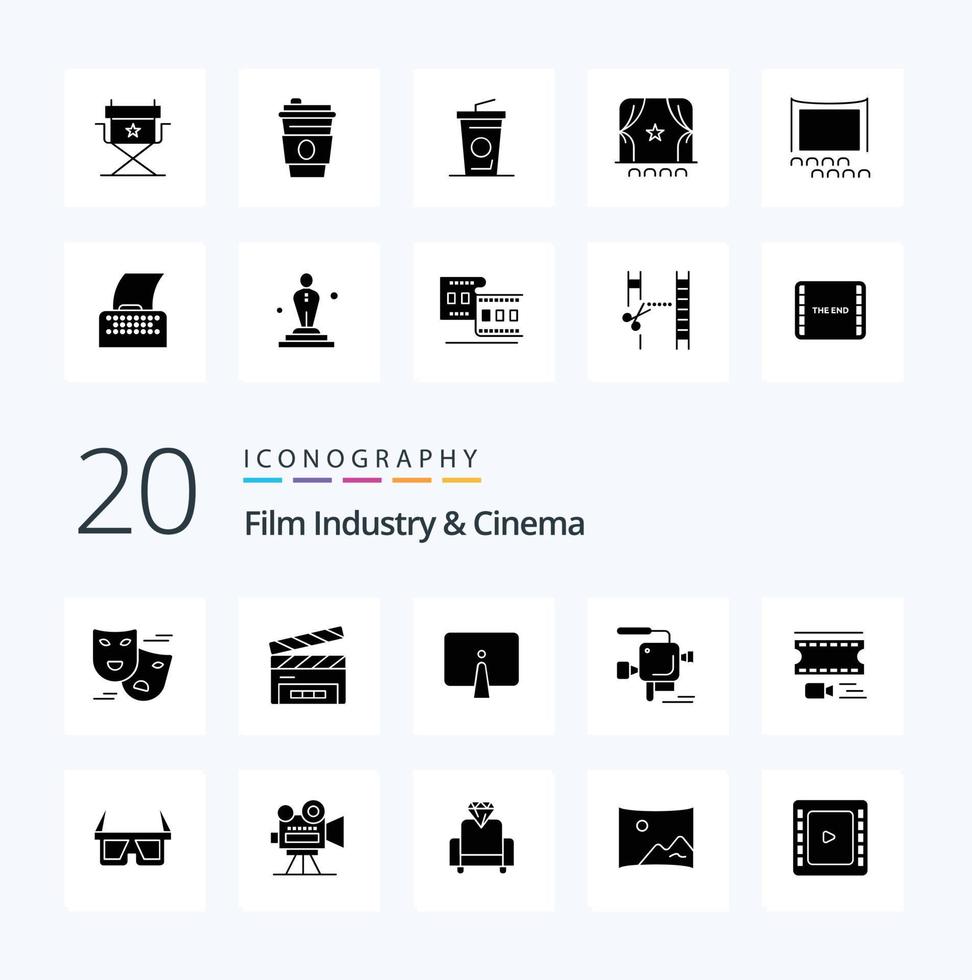 20 Cenima Solid Glyph icon Pack like animation film back cinema monitor vector