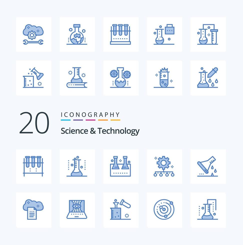 20 Science And Technology Blue Color icon Pack like work management team management study of earth surface authority responsibility lab glassware vector