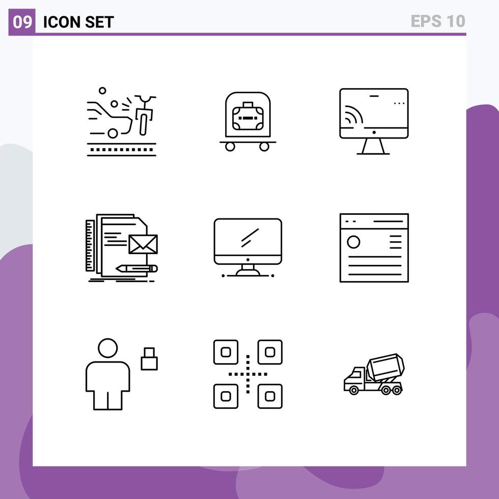 Universal Icon Symbols Group of 9 Modern Outlines of computer letter screen identity brand Editable Vector Design Elements