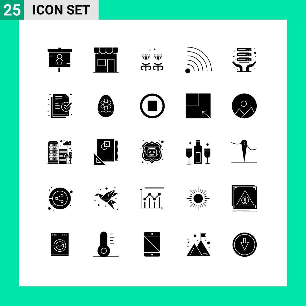 Group of 25 Solid Glyphs Signs and Symbols for internet hosting news retail feed present Editable Vector Design Elements