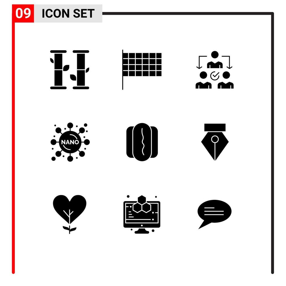 User Interface Pack of 9 Basic Solid Glyphs of pen sausage delegating hotdog formula Editable Vector Design Elements