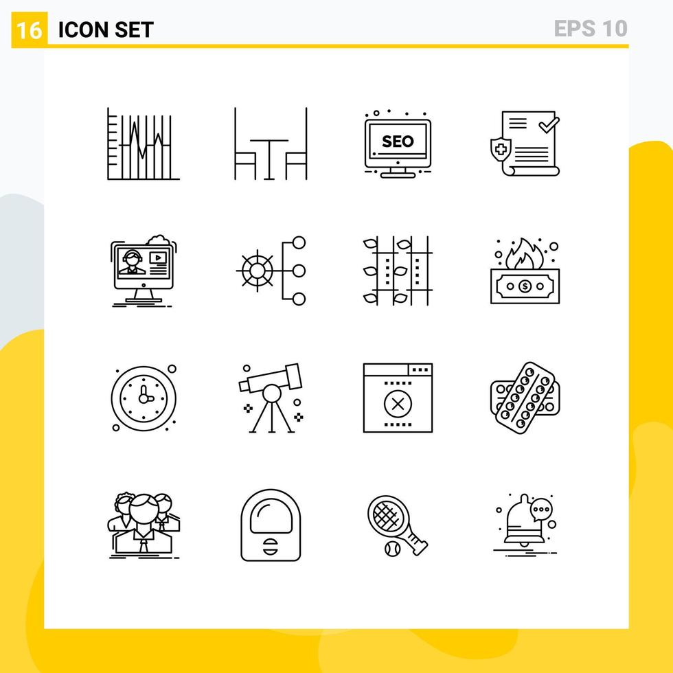 Set of 16 Modern UI Icons Symbols Signs for video shield desktop file medical Editable Vector Design Elements