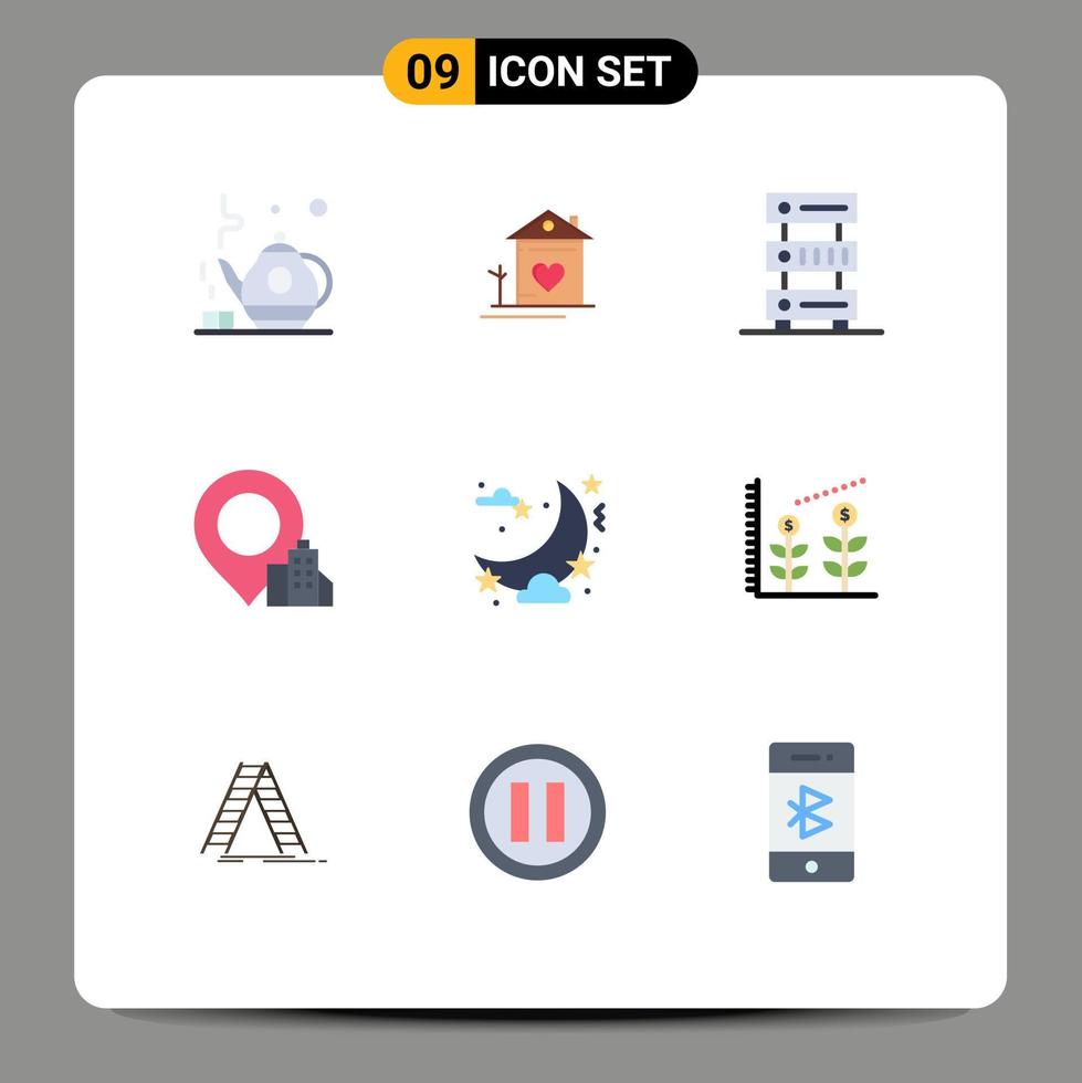 grupo de 9 signos y símbolos de colores planos para elementos de diseño de vectores editables de almacenamiento de datos de hoteles nocturnos