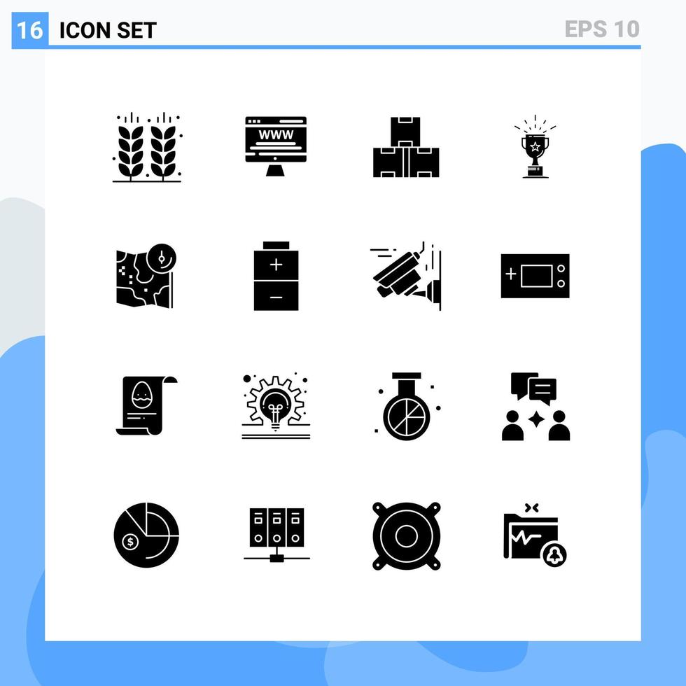 Set of 16 Commercial Solid Glyphs pack for map prize web advert medal stock Editable Vector Design Elements