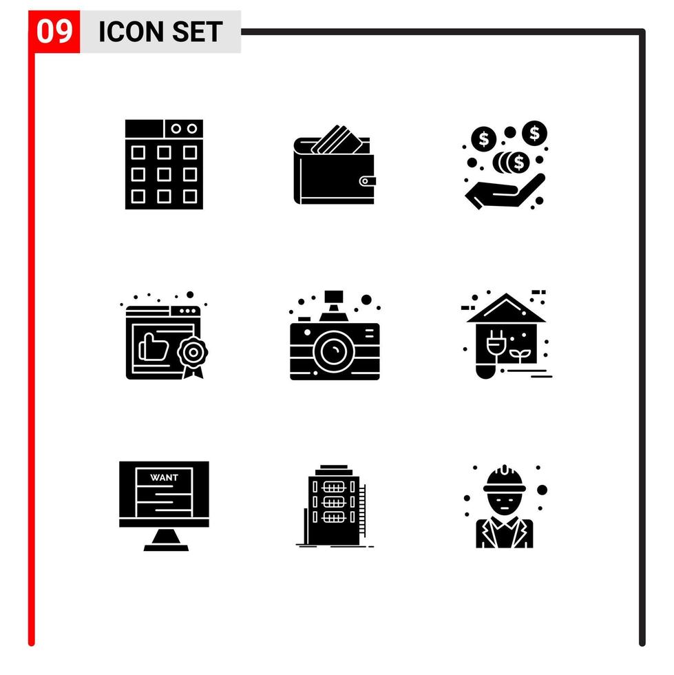 grupo de 9 signos y símbolos de glifos sólidos para el dinero de la cámara multimedia elementos de diseño de vectores editables comerciales recomendados