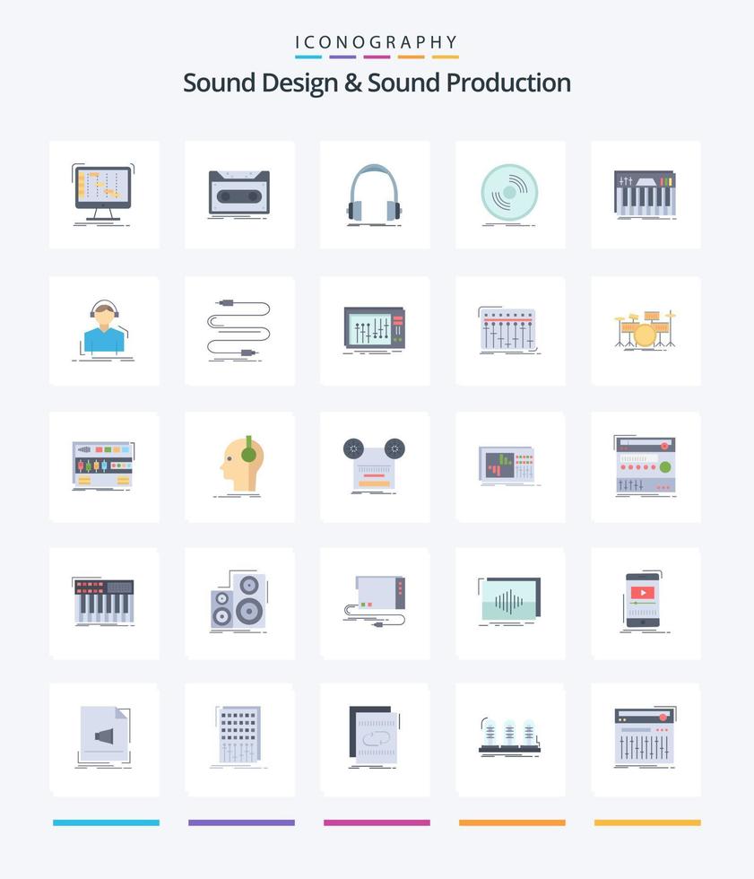 diseño de sonido creativo y producción de sonido paquete de 25 iconos planos como fonógrafo. desct. cinta. estudio. auriculares vector