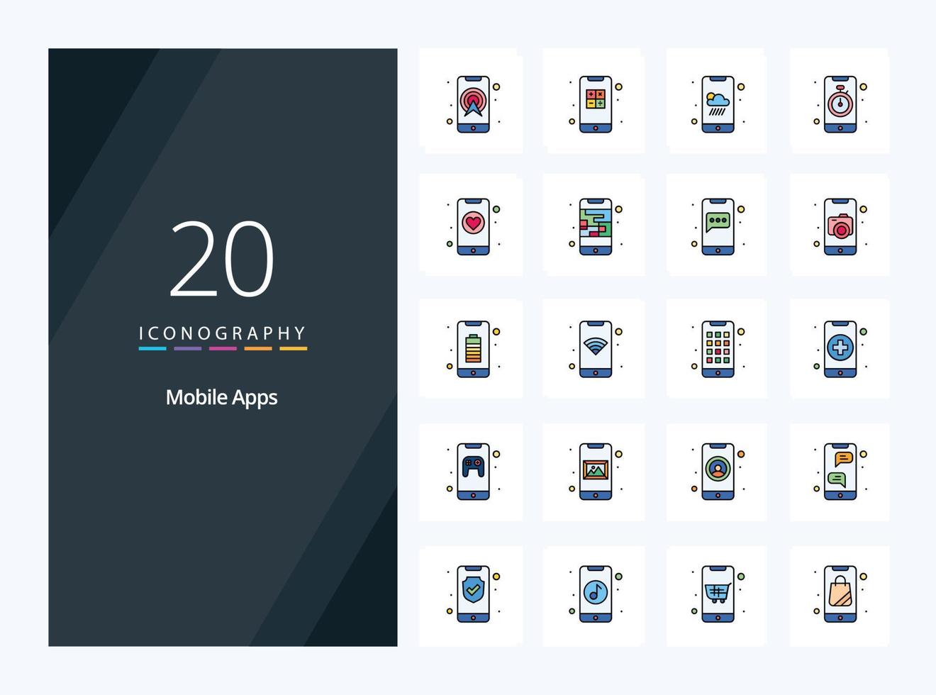 Icono lleno de línea de 20 aplicaciones móviles para presentación vector