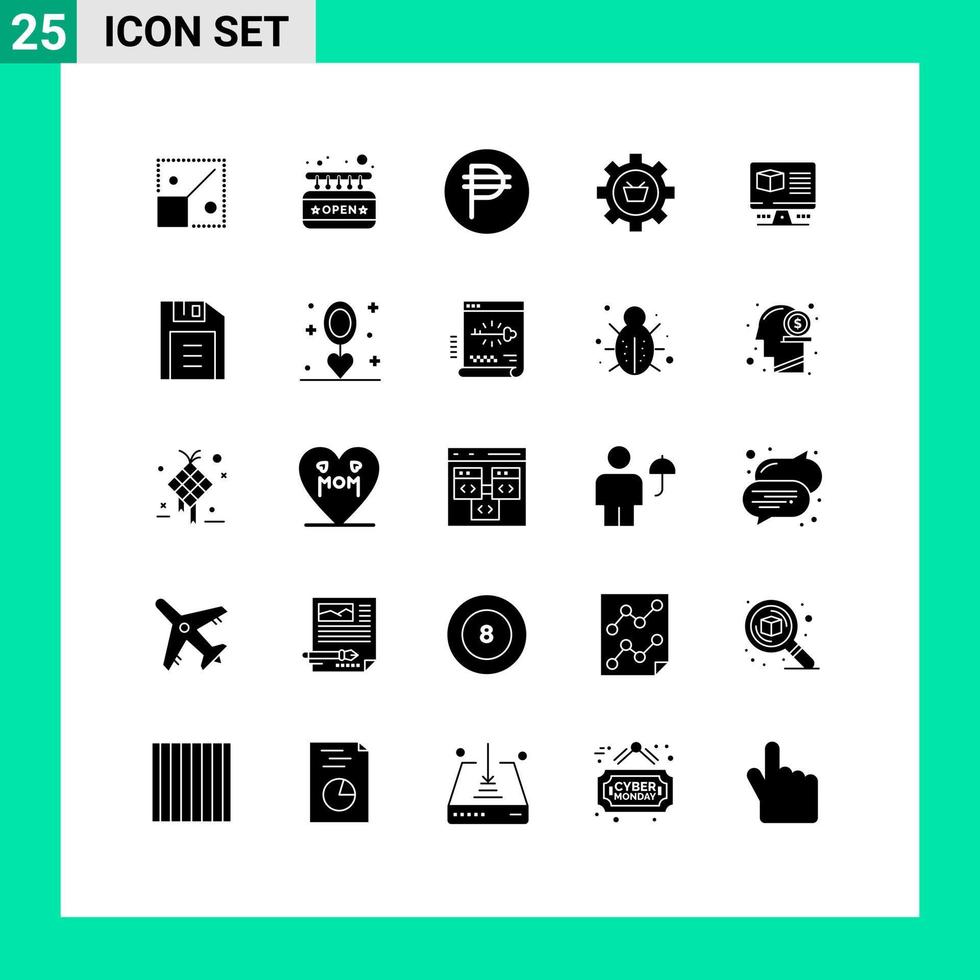 Editable Vector Line Pack of 25 Simple Solid Glyphs of setting commerce philippine e cart Editable Vector Design Elements