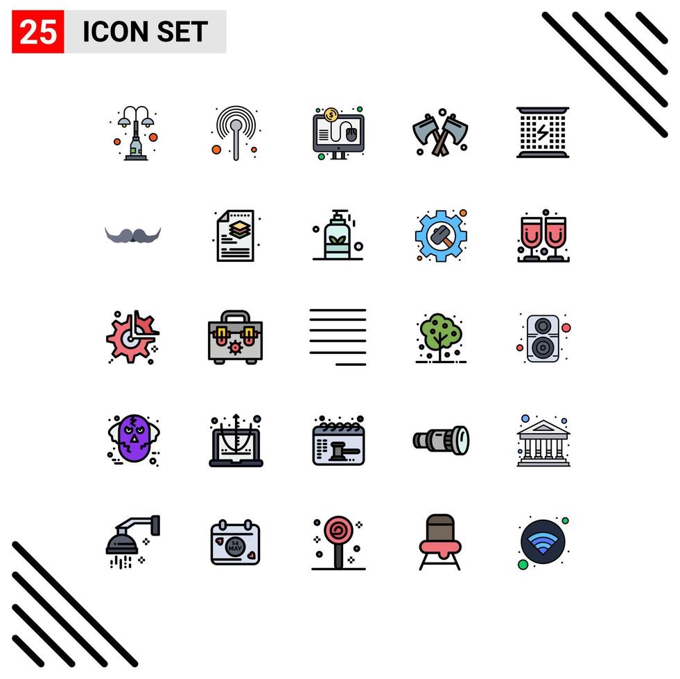Group of 25 Modern Filled line Flat Colors Set for charge tool signal axe per Editable Vector Design Elements