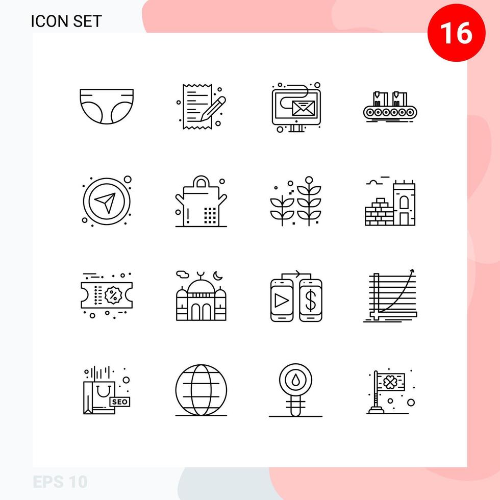 16 Outline concept for Websites Mobile and Apps compass factory digital conveyor belt Editable Vector Design Elements