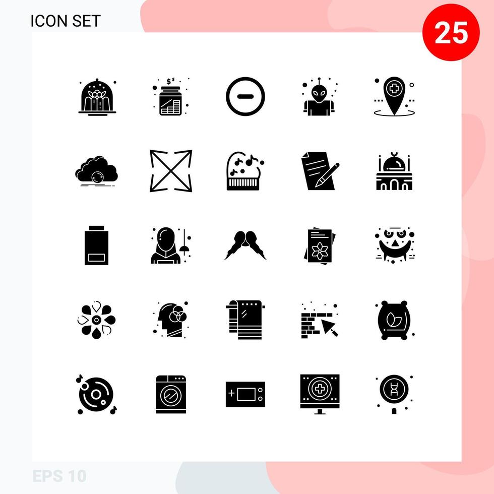 Pack of 25 Modern Solid Glyphs Signs and Symbols for Web Print Media such as hospital space money planet user Editable Vector Design Elements