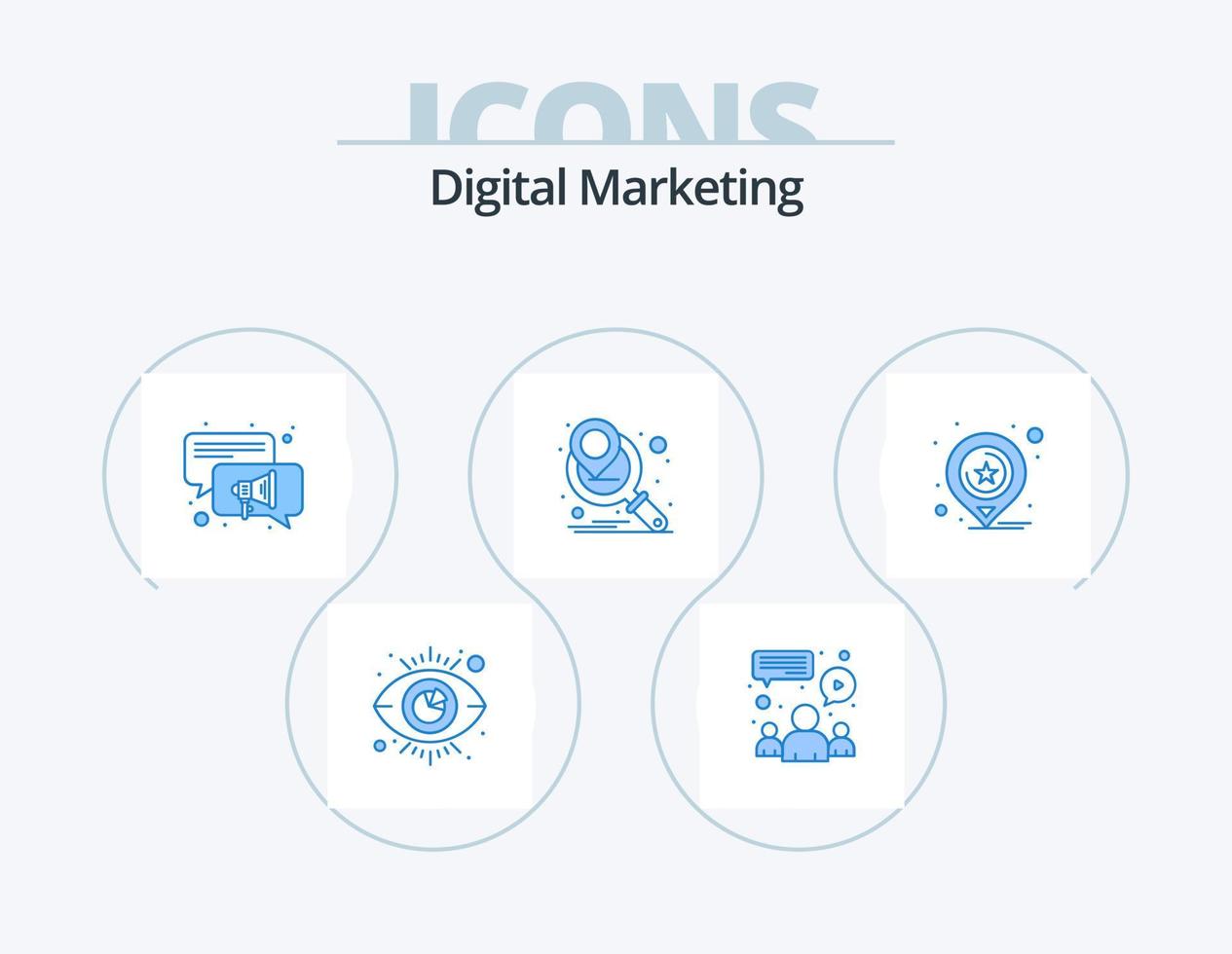 diseño de iconos del paquete de iconos azules de marketing digital 5. negocio. mapas conversación. ubicación. planificación de marketing vector