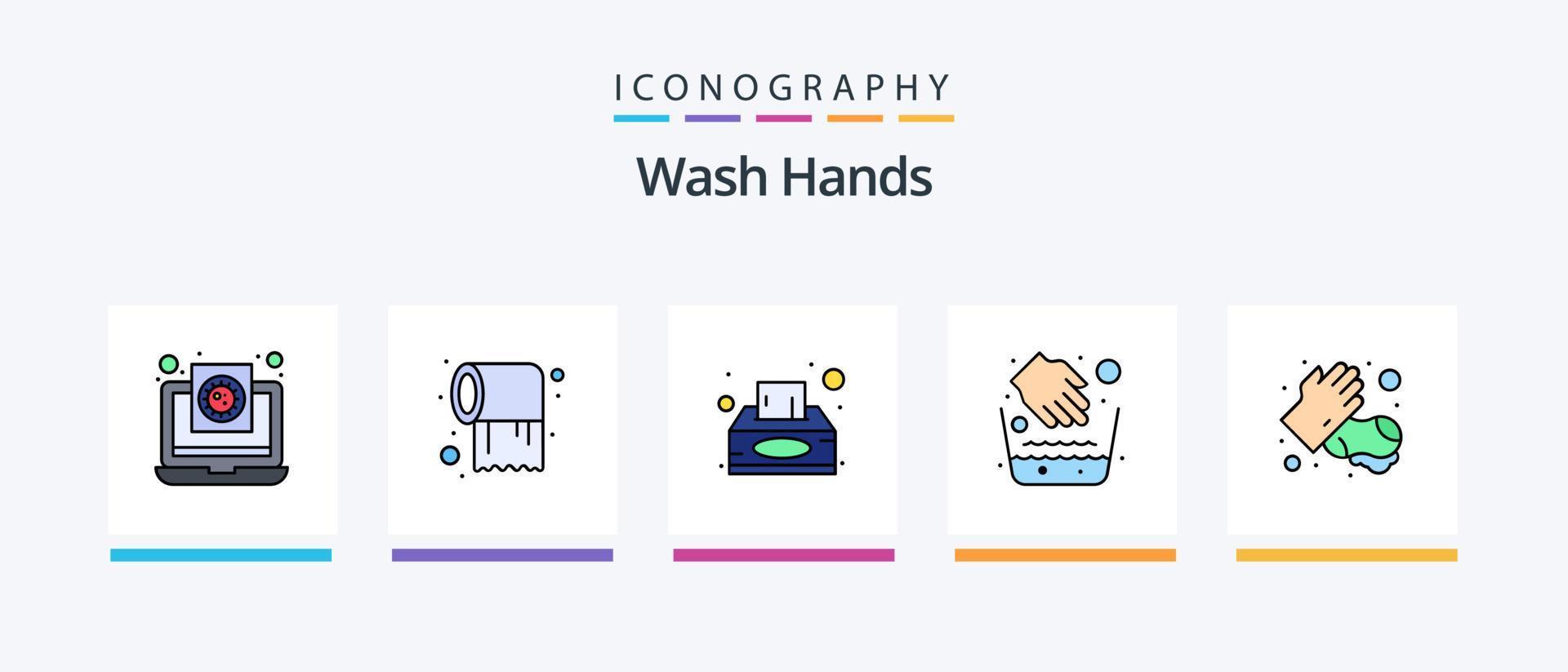 Wash Hands Line Filled 5 Icon Pack Including lotion. tissue. virus. napkin. washing. Creative Icons Design vector