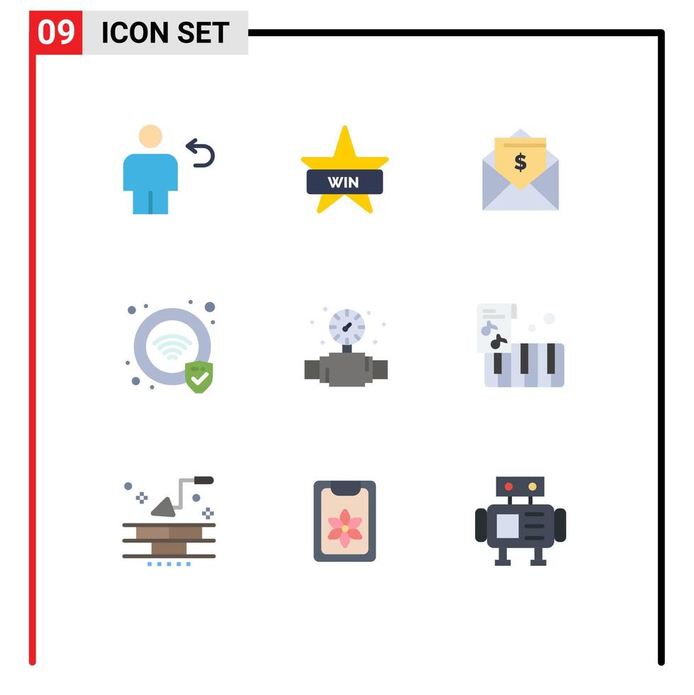 paquete de 9 signos y símbolos de colores planos modernos para medios de impresión web, como elementos de diseño de vectores editables de correo de seguridad wifi mecánico