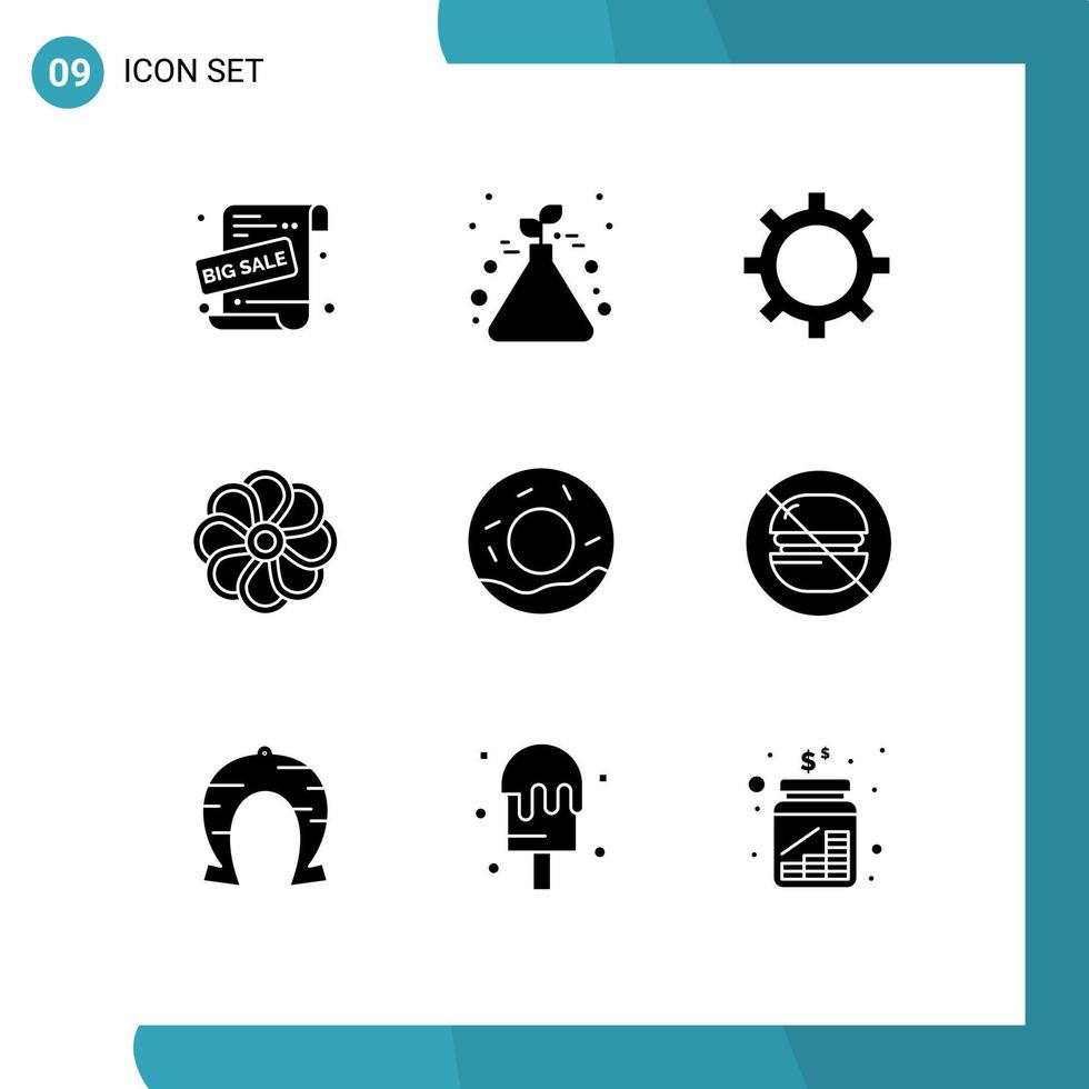9 Thematic Vector Solid Glyphs and Editable Symbols of fast donuts finance bread plent Editable Vector Design Elements