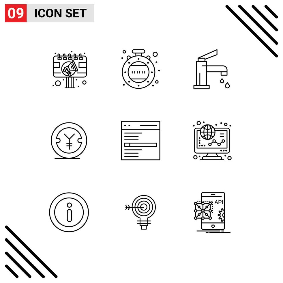 Mobile Interface Outline Set of 9 Pictograms of communication yen bath finance shower Editable Vector Design Elements