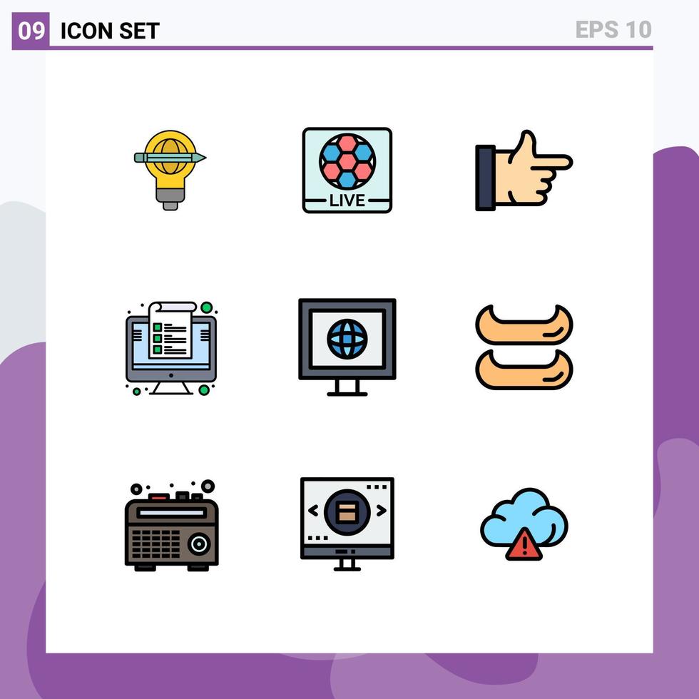Group of 9 Modern Filledline Flat Colors Set for internet management football invoice computer Editable Vector Design Elements