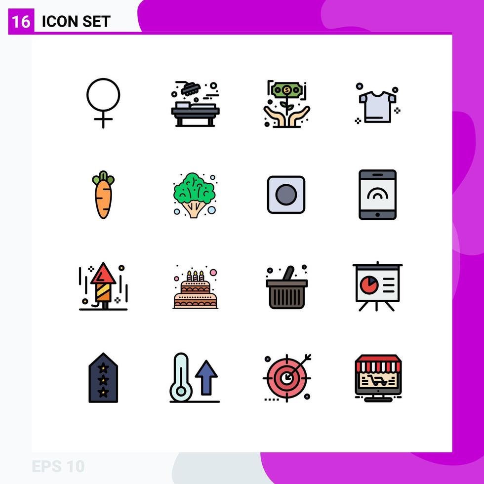 Modern Set of 16 Flat Color Filled Lines and symbols such as easter carrot growth shirt clothes Editable Creative Vector Design Elements