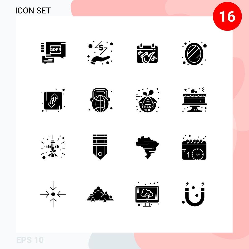 16 User Interface Solid Glyph Pack of modern Signs and Symbols of down arrow music decoration mirror Editable Vector Design Elements