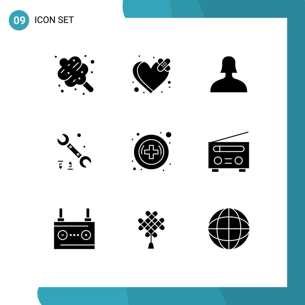 Group of 9 Modern Solid Glyphs Set for device medical avatar hospital options Editable Vector Design Elements