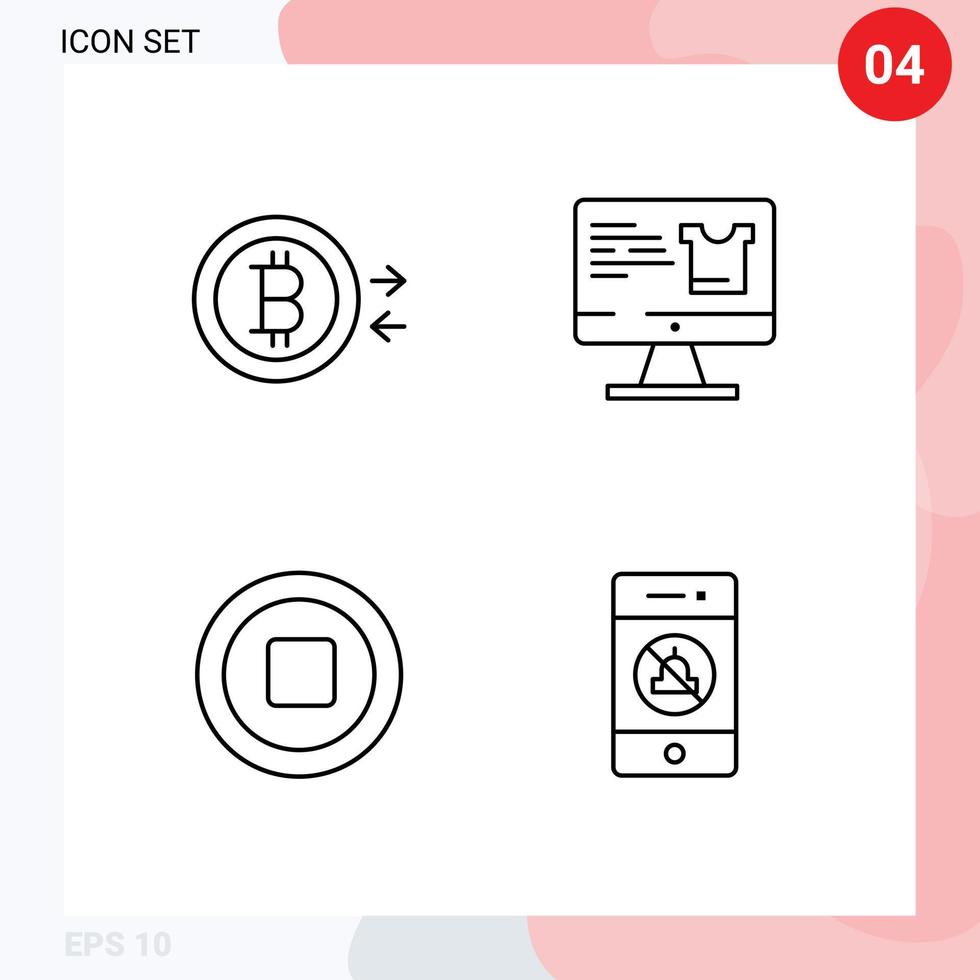 conjunto moderno de 4 colores planos y símbolos de línea de llenado, como bitcoin detener la compra de computadoras, elementos de diseño de vectores editables mudos