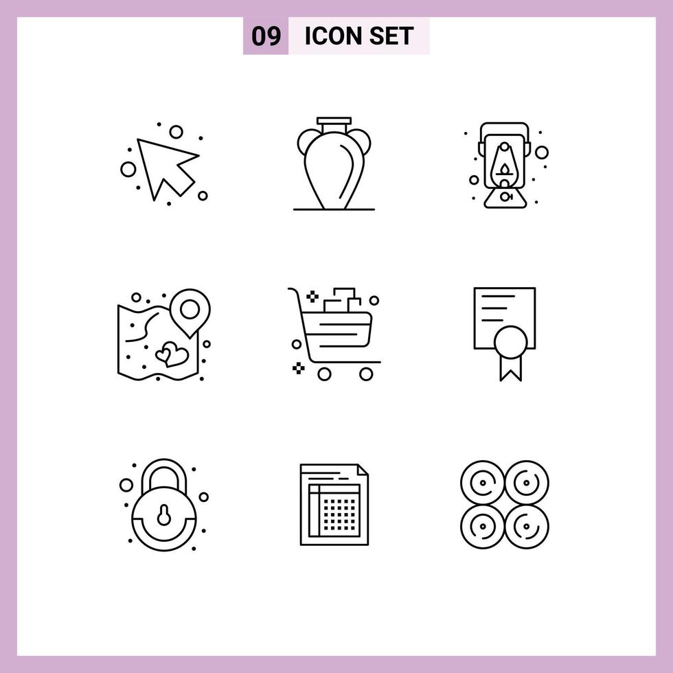 Modern Set of 9 Outlines and symbols such as basket strategy lamp map heart Editable Vector Design Elements