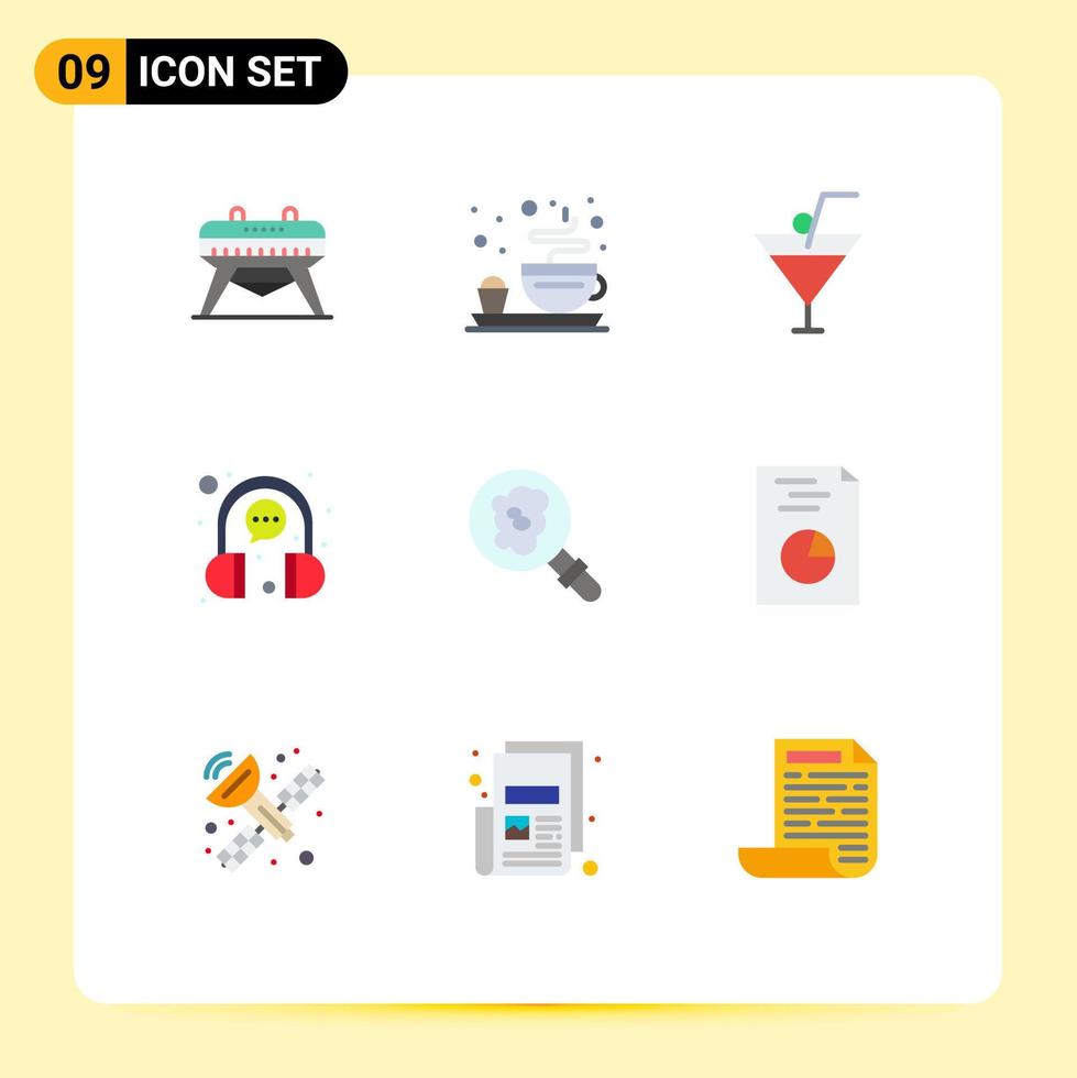 9 User Interface Flat Color Pack of modern Signs and Symbols of analytics research restaurant search headphone Editable Vector Design Elements