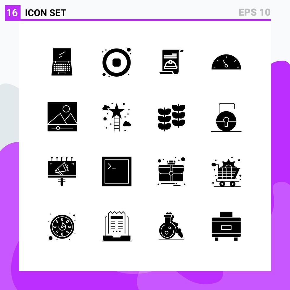 User Interface Pack of 16 Basic Solid Glyphs of media speed video performance invite Editable Vector Design Elements