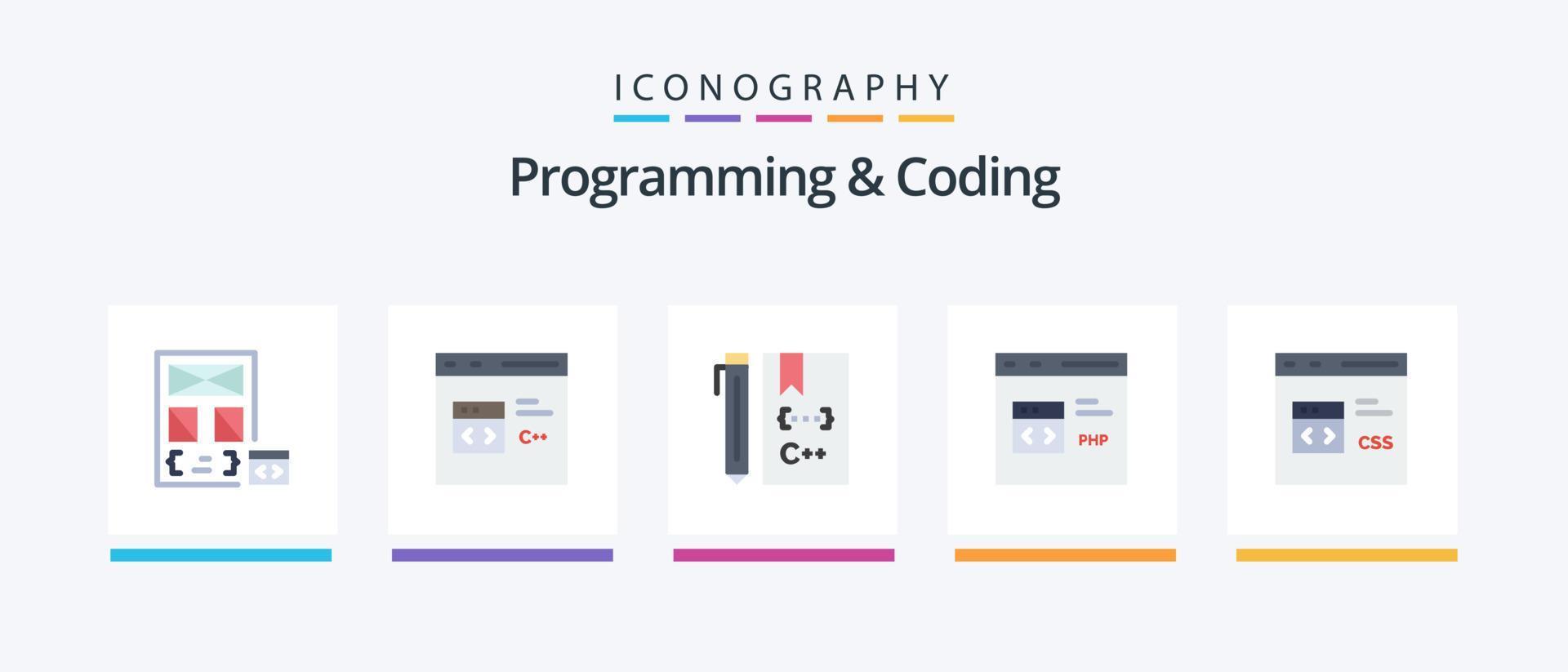 Programming And Coding Flat 5 Icon Pack Including css. code. develop. php. develop. Creative Icons Design vector