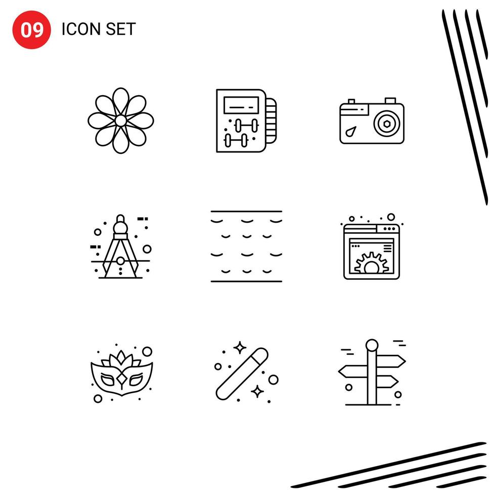 Pack of 9 Modern Outlines Signs and Symbols for Web Print Media such as tool compass planning circle photo Editable Vector Design Elements
