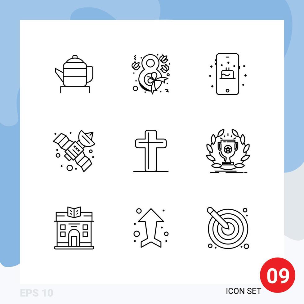 símbolos de iconos universales grupo de 9 contornos modernos de celebración de cumpleaños cristiano de pascua elementos de diseño vectorial editables por satélite vector