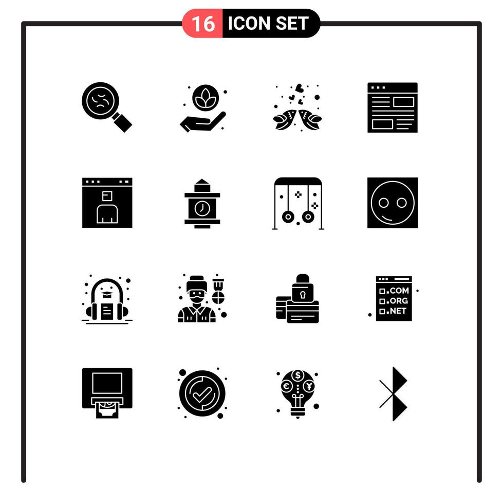 Modern Set of 16 Solid Glyphs and symbols such as browser page heart layout design Editable Vector Design Elements