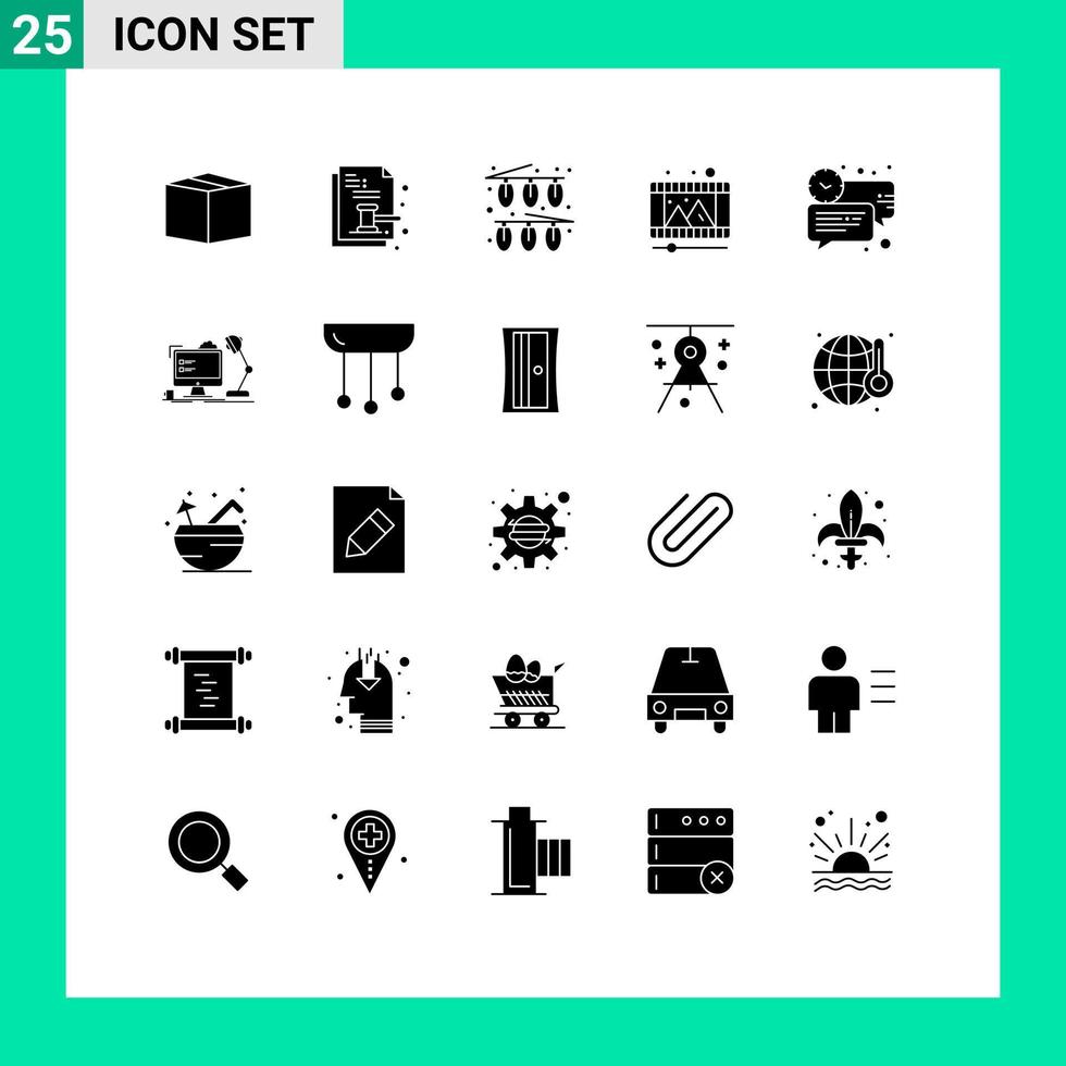 User Interface Pack of 25 Basic Solid Glyphs of chat reel celebration video play Editable Vector Design Elements