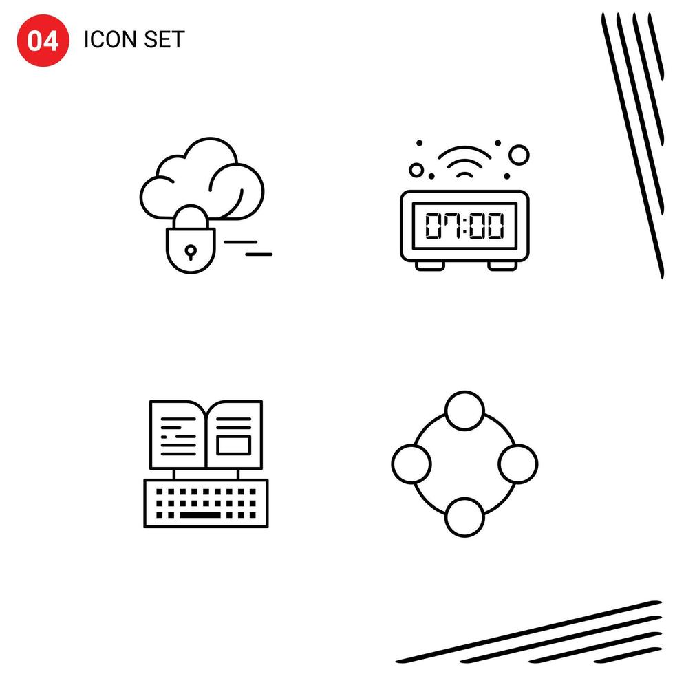 Pack of 4 Modern Filledline Flat Colors Signs and Symbols for Web Print Media such as cloud book clock watch baby rattle Editable Vector Design Elements