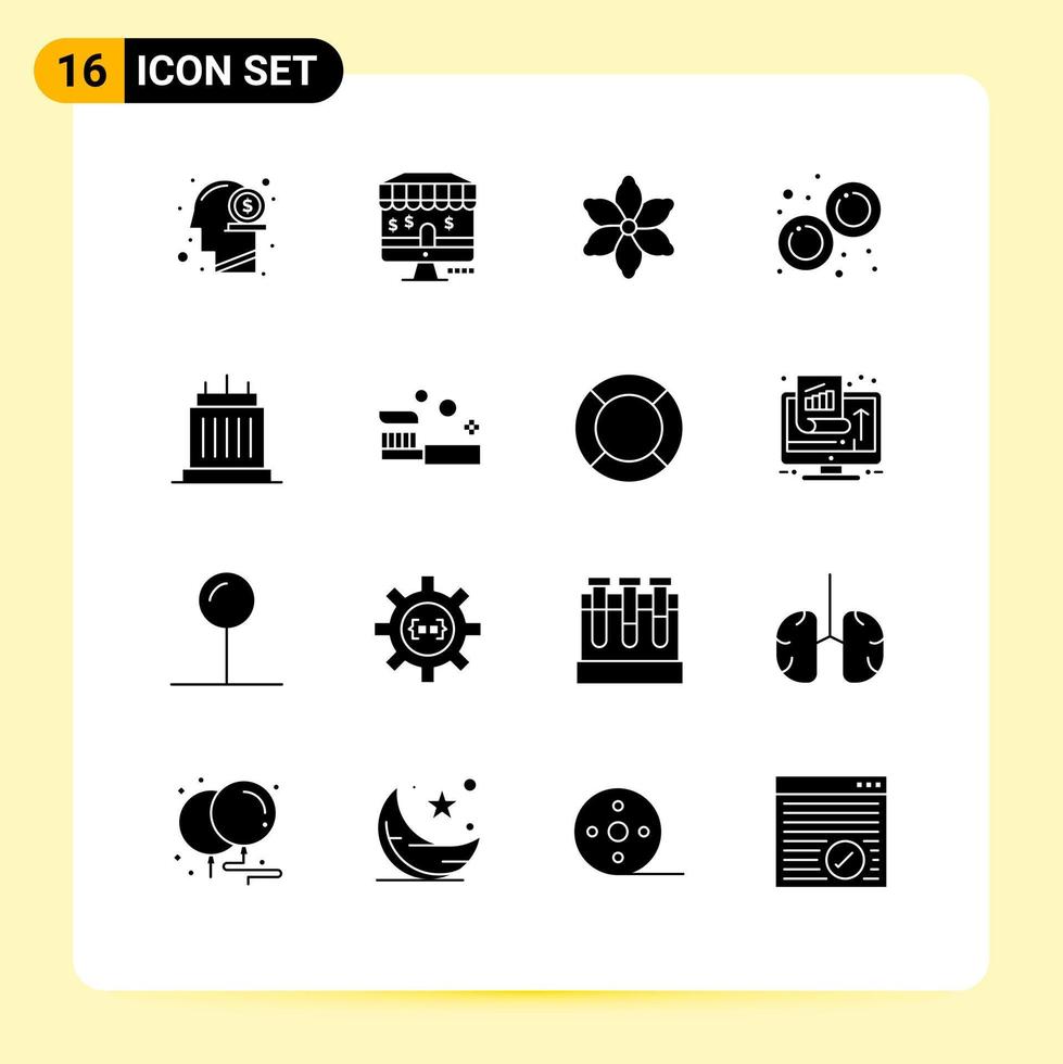 Group of 16 Solid Glyphs Signs and Symbols for landmarks buildings flower mitosis lab Editable Vector Design Elements